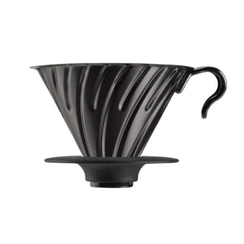 Hario V-60-02 dripper stalowy z silikonową podstawką czarny | CoffeeLove