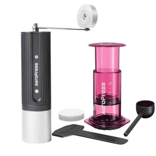 AeroPress - Młynek ręczny szary + Clear Pink Coffee Maker | CoffeeLove