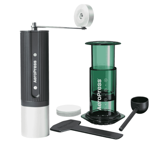AeroPress - Młynek ręczny szary + Clear Green Coffee Maker zaparzacz do kawy przezroczysty zielony | CoffeeLove