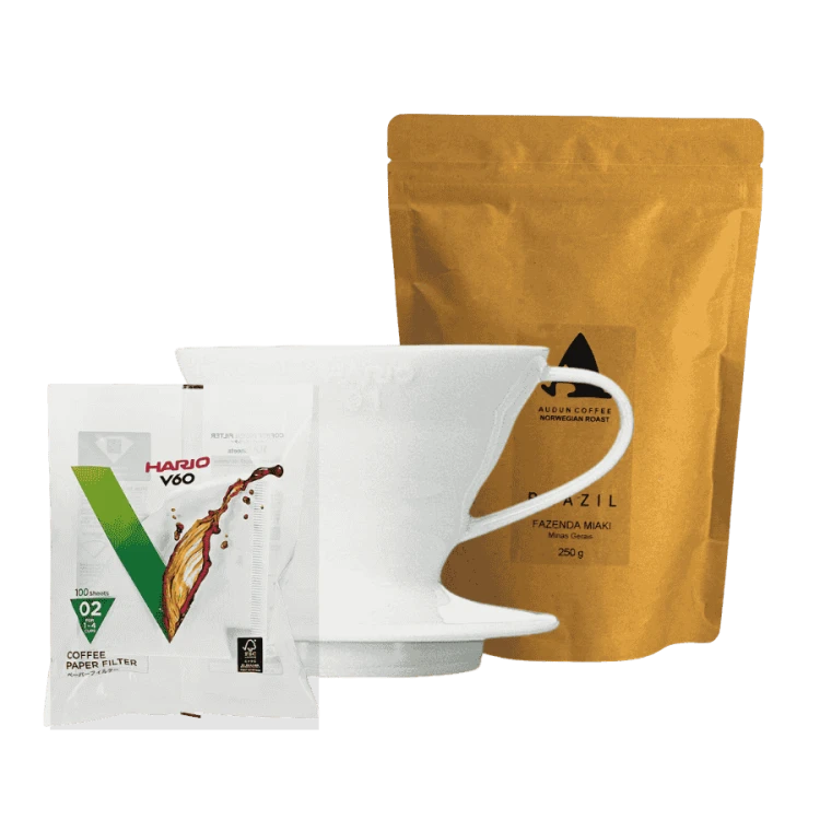Audun Brazylia Fazenda Miaki filtr 250 g kawa ziarnista + Hario V60-02 dripper ceramiczny biały + filtry 100 szt