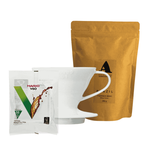 Audun Brazylia Fazenda Miaki filtr 250 g kawa ziarnista + Hario V60-01 dripper ceramiczny biały + filtry 100 szt
