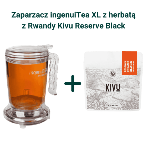 IngenuiTea XL zaparzacz do herbaty z sitkiem 850 ml + Kivu Reserve Organic Black Orthodox Tea herbata czarna sypana 100g