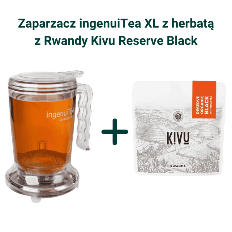 IngenuiTea XL zaparzacz do herbaty z sitkiem 850 ml + Kivu Reserve Organic Black Orthodox Tea herbata czarna sypana 100g