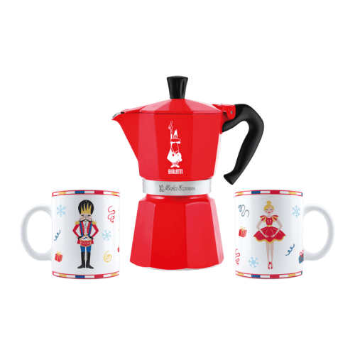 Bialetti Moka Express Nutcracker (6TZ) - zestaw kawiarka + 2 kubki (270 ml) czerwona