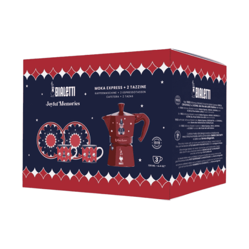 Bialetti - Zestaw Joyful Christmas kawiarka Moka Express 3TZ Czerwona + 2 filiżanki ze spodkami | CoffeeLove