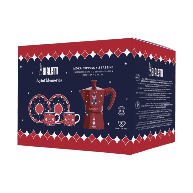 Bialetti - Zestaw Joyful Christmas kawiarka Moka Express 3TZ Czerwona + 2 filiżanki ze spodkami | CoffeeLove