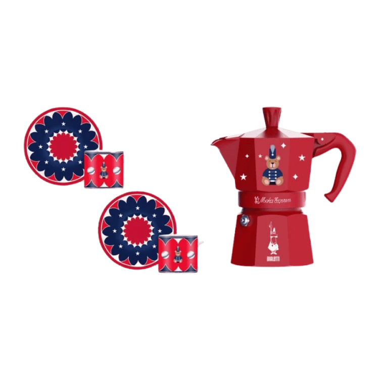 Bialetti - Zestaw Joyful Christmas kawiarka Moka Express 3TZ Czerwona + 2 filiżanki ze spodkami | CoffeeLove