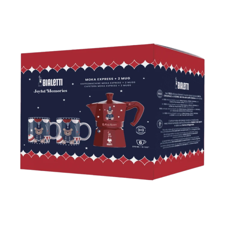 Bialetti - zestaw Joyful Christmas kawiarka Moka Express 6tz czerwona + 2 kubki 300 ml | CoffeeLove