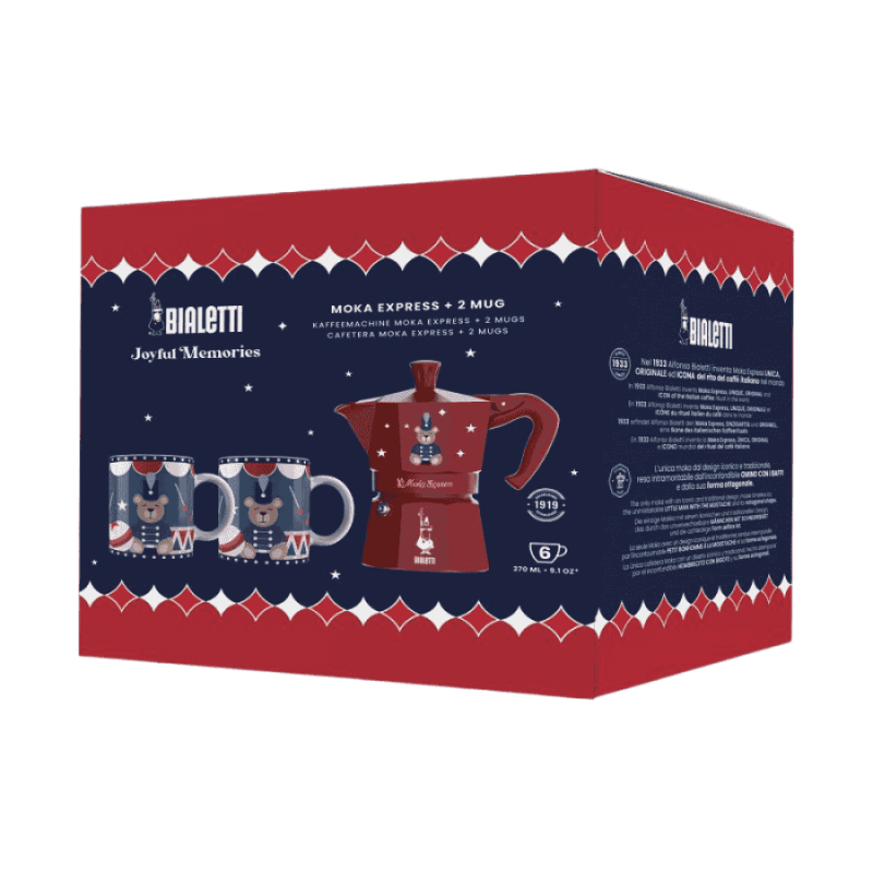 Bialetti - zestaw Joyful Christmas kawiarka Moka Express 6tz czerwona + 2 kubki 300 ml | CoffeeLove
