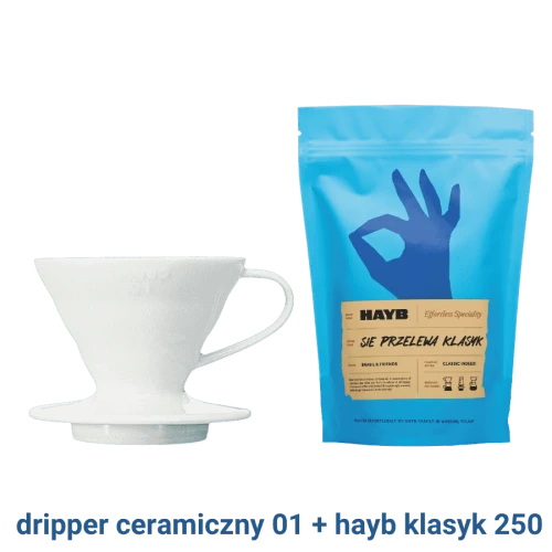 Hario dripper ceramiczny V60-01 biały + HAYB Się Przelewa Klasyk 250 g