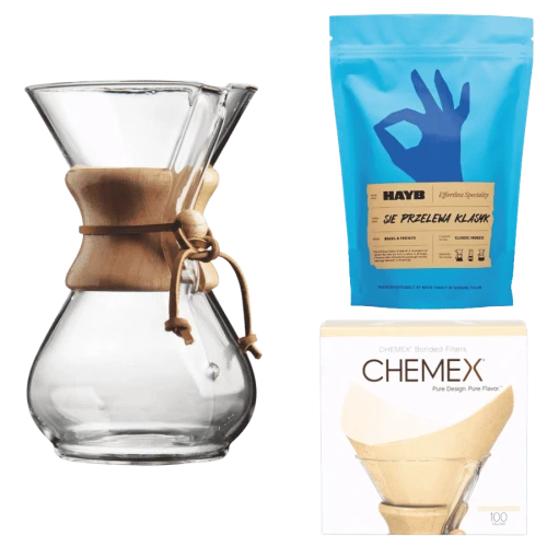 Chemex Coffee Maker Classic 6 + HAYB Się Przelewa Klasyk 250 g + 100 filtrów